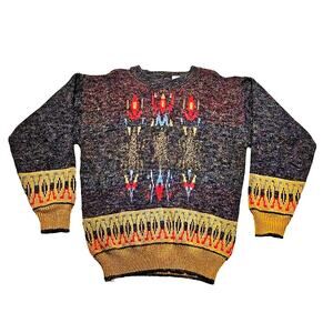 Vtg Zeppelin Sweater Mens Small Bold Geometric Pattern Pullover Gray Tan Red